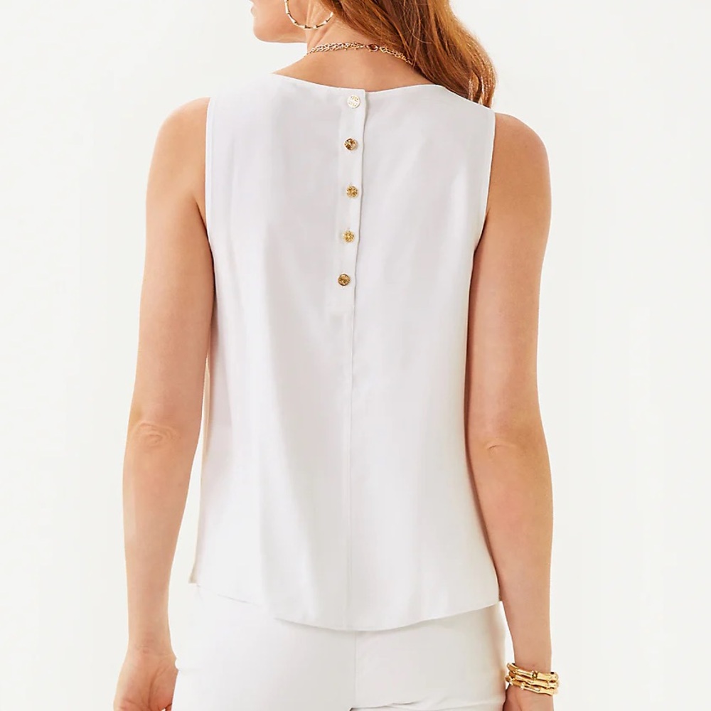Elegant White Sleeveless Top gold button on back Lilly Pulitzer